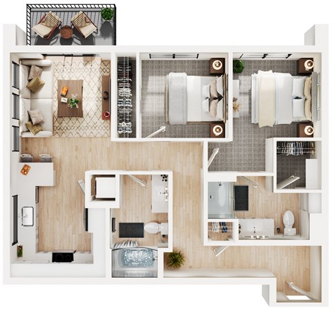 a floor plan of a two bedroom apartment with two bathrooms and a balcony